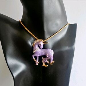 Betsey Johnson Lavender Enamel & Gold Tone Unicorn Pendant On Gold Tone Necklace